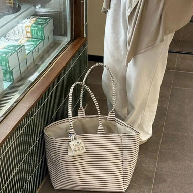 Polka Dot Canvas Tote Bag For Women Large Capacity Striped Plaid Shoulder Style