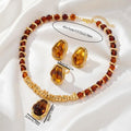1 Set Vintage Amber Tone Jewelry Set, Irregular Resin Pendant Necklace Earrings Ring, Gold Plated Retro Statement Jewelry