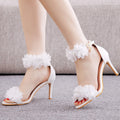 8cm Luxury Women High Heeled Sandals White Flower Shallow Mouth Fine Heel Fish Mouth High Quality Wedding Shoes Zaptos Mujer
