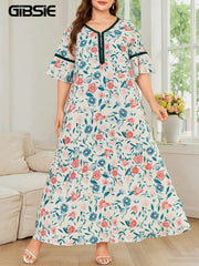 Floral Dress GIBSIE Plus Size Floral Print V-Neck Summer Dress Women 2027 New Half Sleeve Beach Casual Loose Lady Vacation Long Dresses