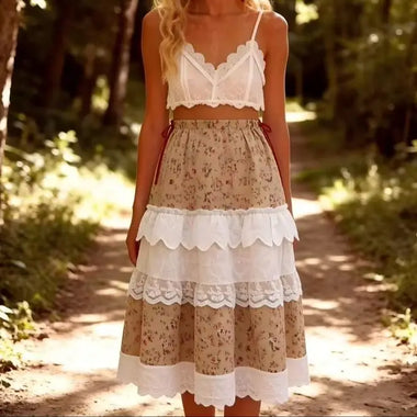 Women's Vintage Floral Print Tiered Midi Skirt With Lace Trim And Bow Detail