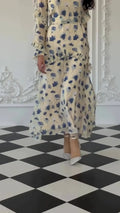 Women's Spring Fall Long Dress Elegant Ruffle Midi Floral Print Dress Flower Vintage Muslin Dress for Women
