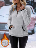 Cozy Women's Plush Fleece Half Zip Top Stand Collar Drop Shoulder Hoodie with Ring Zipper Pull and Pocket Casual Loungewear