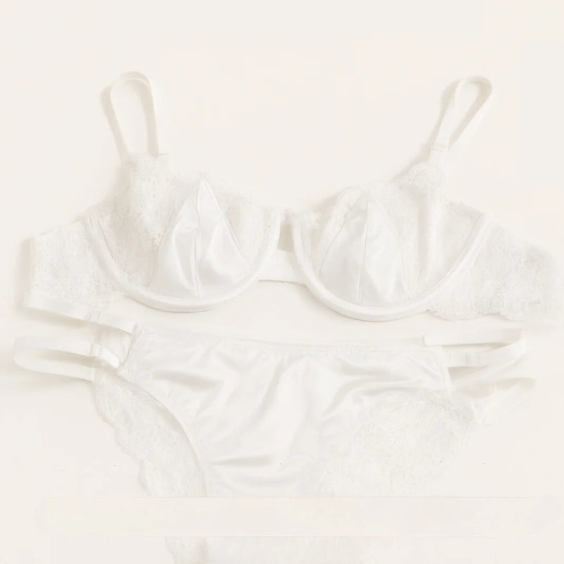 Women French Half Cup Ultra Thin Lace Bra Set, Sheer Elegant Lingerie Bra & Panty Underwear Kit