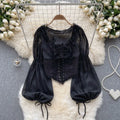 Elegant Mesh Ruffled Lace Chiffon Tops Patchwork Lace Chiffon Blouse V Neck Blusas Lace-up Shirts Spring Summer