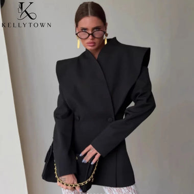 2026 Women Oversized Blazer Shawl Lapel Black Blazer Blouse Autumn Winter Structured Shoulder Waist Cinched Long Sleeve Coats