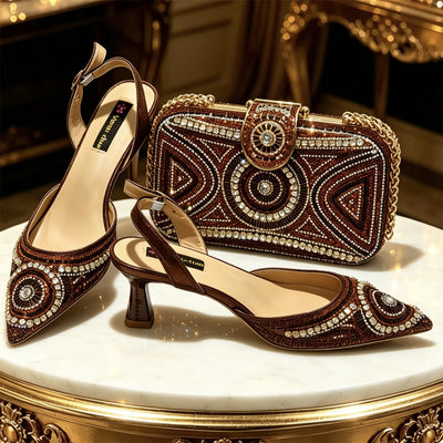 2026 Italian Inspired Coffee Pointed Toe High Heels Matching Handbag Set COMFORT INCLUDED Elegant Wedding Party Shoes for Women