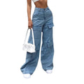 Women Jeans Washing Solid Multi-Pockets Wide Leg Denim Pants Mid Waist Ankle-Length Cargo Pants Ladies Casual Loose Cargo Jeans