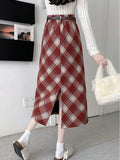 Women Skirt Long Woolen Skirt Women Autumn Winter 2026 New Arrival High Waist Skirt With Belt A Line Plaid Skirt Woman Back Slit Skirts