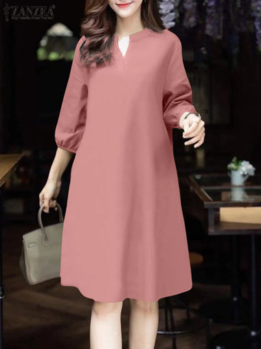2025 ZANZEA Fashion Women V Neck 3/4 Sleeve Dress Autumn Sundress Elegant Solid OL Work Dresses Casual A Line Loose Vestido Robe