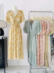 Women Summer V Neck Floral Print Chiffon Maxi Dress Short Sleeve High Waist A Line Long Dress Elegant Casual Party Vestidos