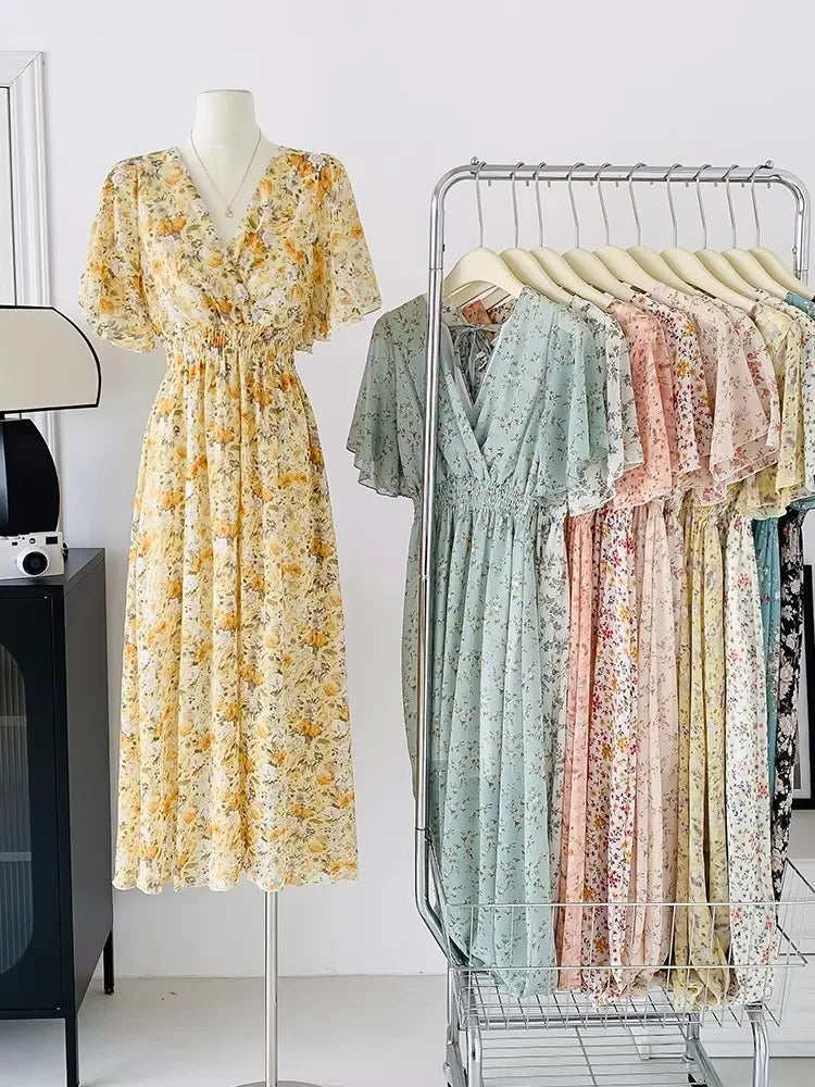 Women Summer V Neck Floral Print Chiffon Maxi Dress Short Sleeve High Waist A Line Long Dress Elegant Casual Party Vestidos