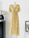 Women Summer V Neck Floral Print Chiffon Maxi Dress Short Sleeve High Waist A Line Long Dress Elegant Casual Party Vestidos