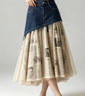 Plus Size Irregular Denim Waist Spliced Vintage Newspaper Print Chiffon Skirt, Women Layered Pleated Midi Skirt
