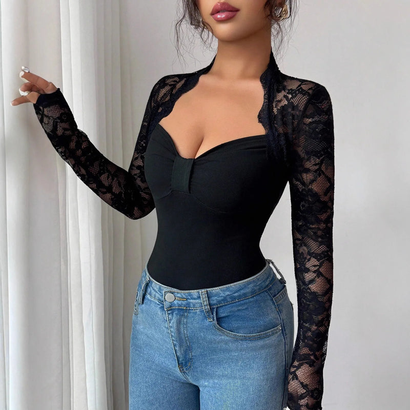 New Lace Patchwork Knitted Long-sleeved Slimming T-shirt Top For Women
