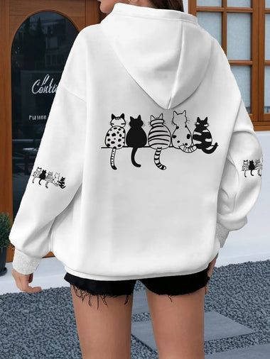 Women Loose Hooded Sweatshirt Cute Sitting Cat Group Back Sleeve Graphic Print Soft Warm Pet Lover Street Daily Casual Hoodie