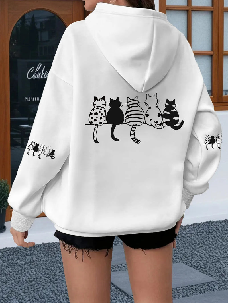 Women Loose Hooded Sweatshirt Cute Sitting Cat Group Back Sleeve Graphic Print Soft Warm Pet Lover Street Daily Casual Hoodie