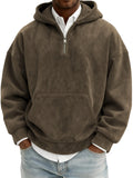Hoodie Sweatshirt Men's American Retro Suede Half Zipper Hoodie Oversized Solid Hooded Sweatshirt Autumn Winter Casual Pullover With Kangaroo Pkt