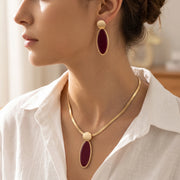 Elegant Black/Red Oval Charm Jewelry Set Snake Chain Necklace Drop Earrings Fashion Gift For Women Birthday Holiday Present