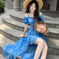 French Style Seaside Vacation Dress Women Summer 2026 New Blue Floral Irregular Design Chic Long Dresses Vintage Women Clothes