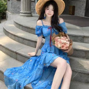 French Style Seaside Vacation Dress Women Summer 2026 New Blue Floral Irregular Design Chic Long Dresses Vintage Women Clothes