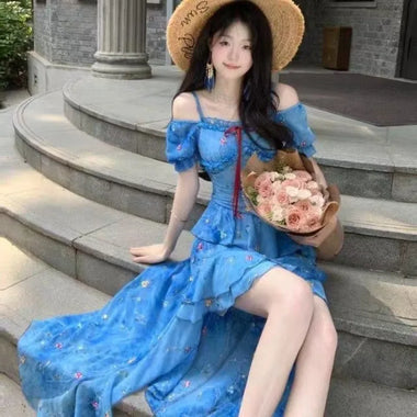 French Style Seaside Vacation Dress Women Summer 2026 New Blue Floral Irregular Design Chic Long Dresses Vintage Women Clothes