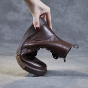 DRKANOL Women Genuine Leather Short Boots Round Toe Genuine Leather Handmade Retro Street Style Winter Warm Flats Ankle Boots
