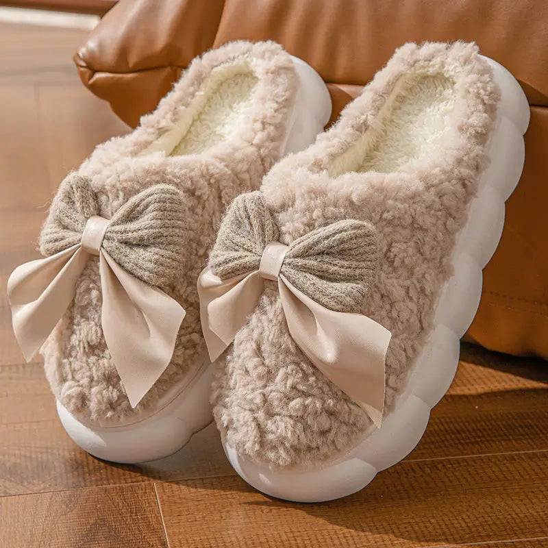 Thick Bottom Cute Bowtie Women's Fluffy Slippers Winter 2026 Warm Long Plush Home Slippers Soft Sole Lamb Girls Indoor Shoes
