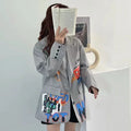 Spring Autumn New Women Grey Blazer Casual Graffiti Letter Print Suit Jacket Female Long Sleeve Loose Plaid Blazers Ladies Coat