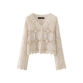 Daisy Embroidery Crochet Top Long Sleeve Button Down V-Neck Sheer Open-knit Blouse Cover Up Women Summer Fairycore Outfit