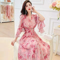Korean Femme Sweet V-neck Dress Summer Lady Seven Divide Sleeve Long Dresses Women Fashion High Waisted Chiffon A-line Maxi Dres
