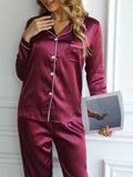 Women's Pajama Solid Pajama Set Long Sleeve Button Up Lapel Top & Pants Pj Set Women's Sleepwear & Loungewear