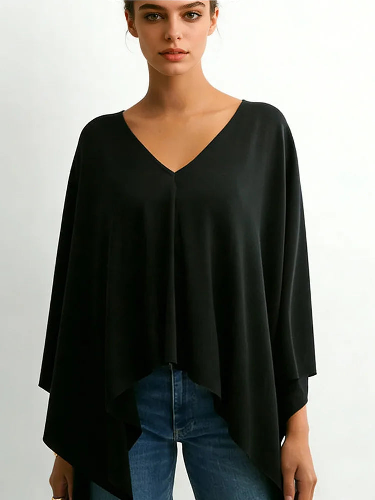 New Fashion Elegant Loose Women Shawl Blouse Office Lady Casual V Neck Tops Spring Summer Women Clothes Black Chic Top