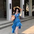 French Style Seaside Vacation Dress Women Summer 2026 New Blue Floral Irregular Design Chic Long Dresses Vintage Women Clothes