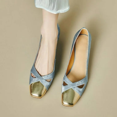 2026 Spring/Fall Hollow-Out Women's Flats - Patchwork Chunky Heel Shallow-Cut Vintage Shoes, Temperament Commuter Fashion Shoes