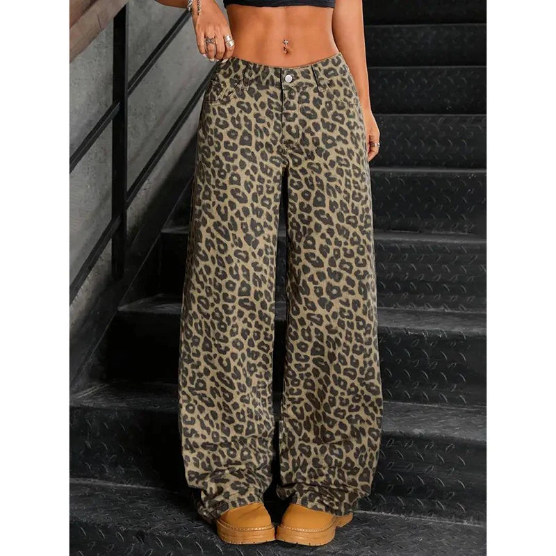Hot Sale Female Straight Leg Jeans Girls High Waist Leopard Print Denim Pants Women Retro Fashion Baggy Trousers