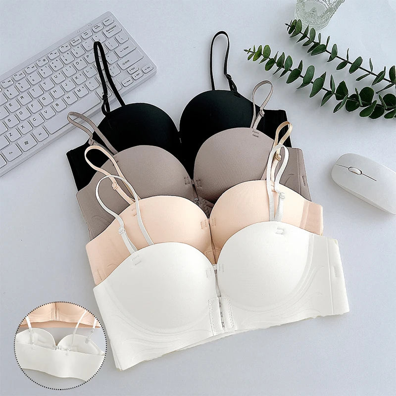 FINETOO Front Closure Push Up Bras Sexy Seamless Plunge No Steel Brassiere Thick Female Underwear Solid Color Invisible Lingerie