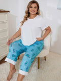 Women Plus Size Milk Silk Pajama Set Short Sleeve Top & Dinosaur Print Capri Pants Loungewear