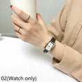Women's Fashion Retro Quartz Watch Chic Simple Leather Strap Casual Luxury Small Square Wheat Ear Print Rectangle Timepiece