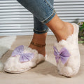 Korean Purple Silk Bowknot Home Cotton Shoes 2026 Winter Thicken Warm Long Plush Indoor Slippers Women's Light Anti Slip Slides