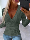 2023 Fashion Solid Side Button Deep V Neck Ribbed Top Women Spring Autumn Long Sleeve Sexy Skinny Casual Ruched T-shirts Blouse