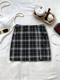 Women Elastic Waist Checkered Split Hem Mini Skirt Slim Fit Y2K Sexy Xmas Party Vintage Preppy Skirt