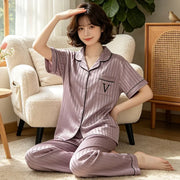 Noble and Luxurious Letter V Summer Women's Sleepwear Striped Ice Silk Cool Short Sleeved Pants Home Suit Set Ladies Nightwear
