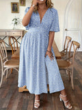 Summer Large Size Women's Romantic Floral V-Neck Short Sleeve Waist-Cinched A-Line Holiday Dress