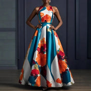 Women Elegant Floral Printed Dress Sleeveless Crew Neck Maxi Evening Dress 2025 New Summer High Waist Slim Party Wedding Dresses