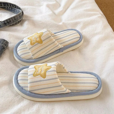2026 Summer Cute Star Striped For Women Soft Comfort Indoor House Slides Casual Flat Shoes Open Toe Linen Cotton Slippers
