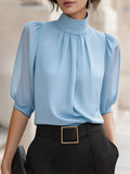 High Neck Puff Half Sleeve Chiffon Blouse Pleated Front Elegant Office Work Shirts Women Loose