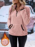 Cozy Women's Plush Fleece Half Zip Top Stand Collar Drop Shoulder Hoodie with Ring Zipper Pull and Pocket Casual Loungewear