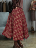 Women's Plaid Midi Skirt Elastic Waist Loose Pleated Long Flowy Mid Calf Skirt with Pockets 100% Polyester Vintage Casual