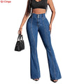 High-waisted Women's Blue Jeans, Patchwork-detailed Denim Flared Pants, Perfect for Spring and Fall.